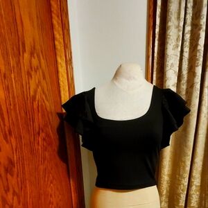 Black Ruffle Sleeve Top Women Med Express Crop Top